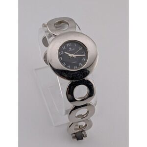 Cannes Watch Women 34mm Case Black Dial Circle Design 6.75" Band- New Battery